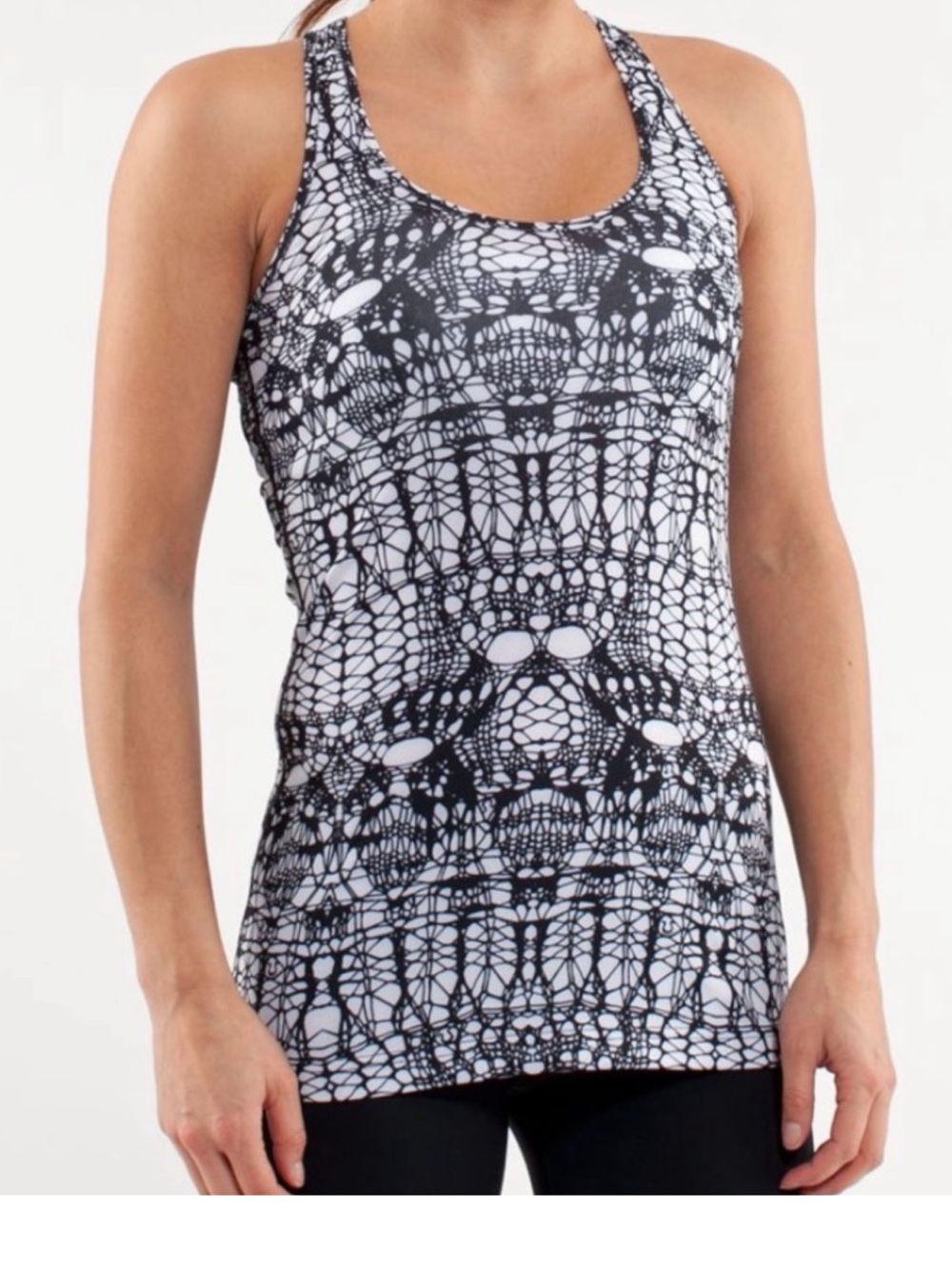 Lululemon cool racer back tank in black and white glacier lace pattern